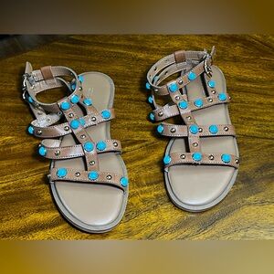 NWOT!!! Nine West Brown Gladiator Sandals with Blue & Gold Accents